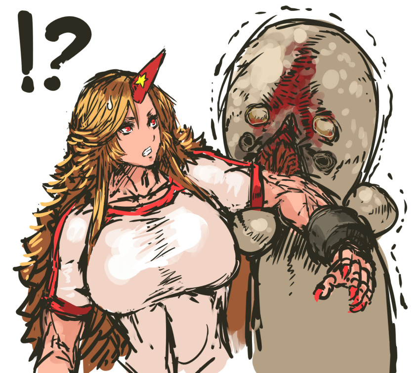 !?, 1girl, blonde_hair, breasts, crossover, fingernails, highres, horn