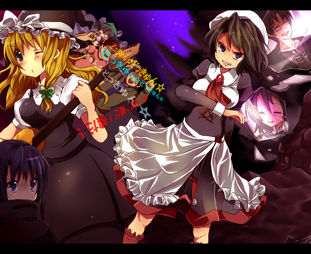 bad_id, beret, black_hair, blonde_hair, clenched_teeth, closed_eyes, cosplay, dress