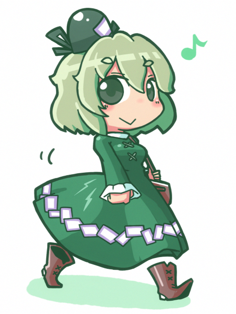 1girl, bag, chibi, dress, green_dress, green_eyes, green_hair, handbag