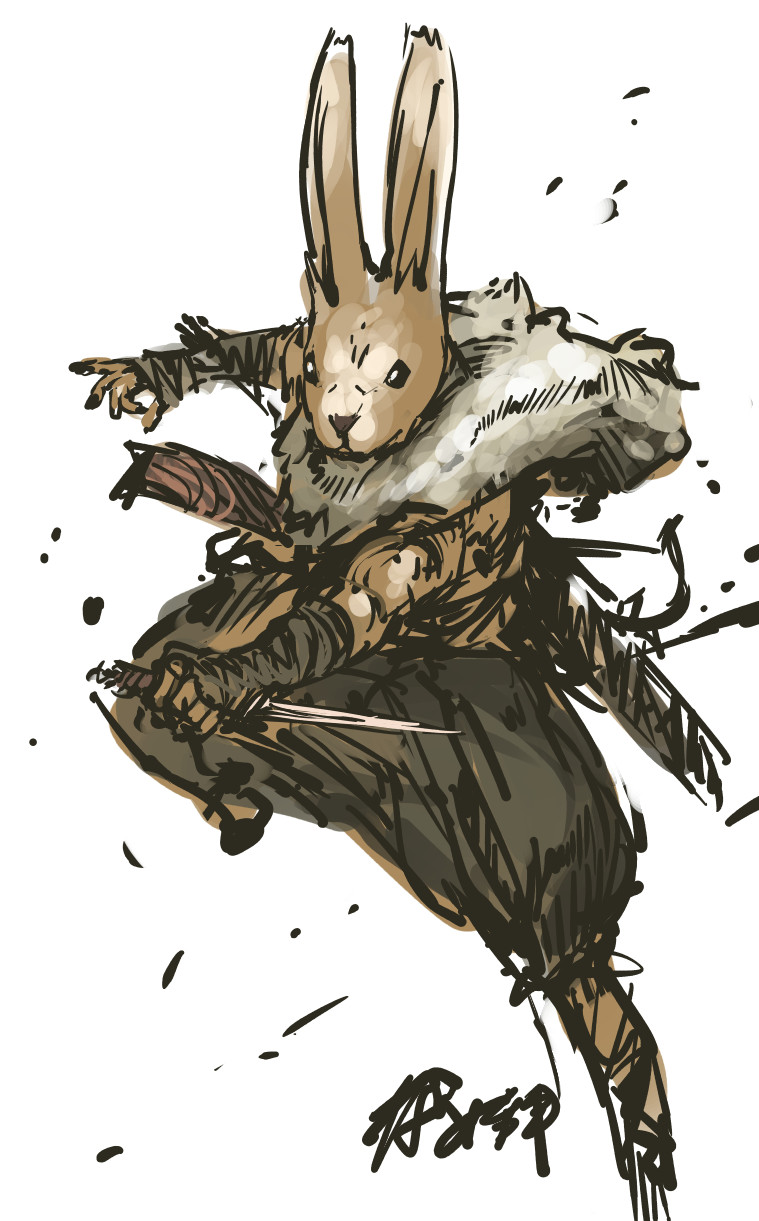 1boy, animal_ears, baggy_pants, dagger, full_body, fur_collar, furry, highres, jumping, nameo_(judgemasterkou), overgrowth, pants, rabbit, rabbit_ears, reverse_grip, snout, solo, turner_(overgrowth), weapon