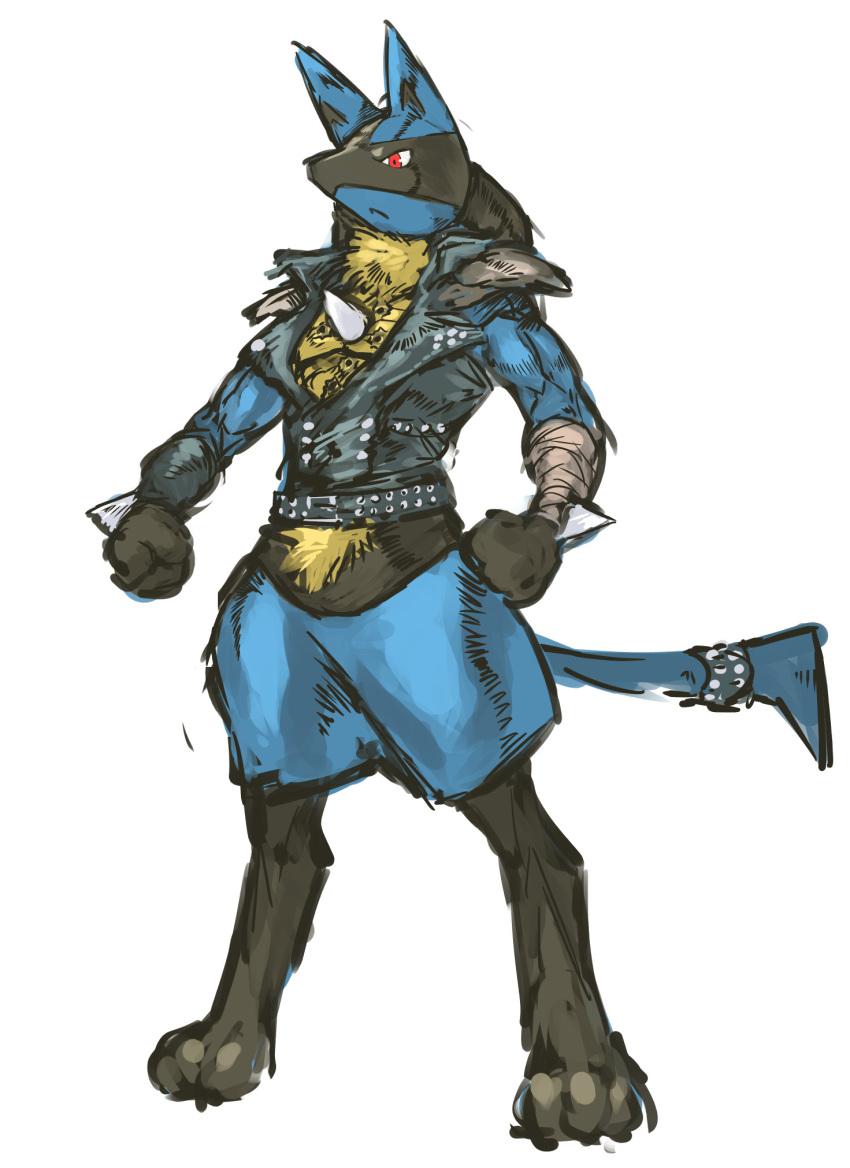 :<, animal_ears, belt, blue_skin, clenched_hands, digitigrade, full_body, furry, highres, hokuto_no_ken, kenshirou, kenshirou_(cosplay), leather_jacket, lucario, muscle, nameo_(judgemasterkou), pokemon, pokemon_(creature), red_eyes, serious, sleeveless, snout, solo, spikes, tail, tail_ornament, wrist_wraps