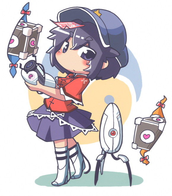 1girl, aperture_science_advanced_knee_replacement, aperture_science_handheld_portal_device, blue_eyes, blue_hair, gap, hat, heart