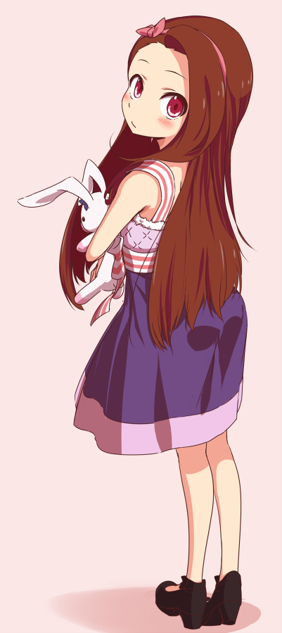 blush, brown_eyes, brown_hair, dress, ekusiregaia, from_behind, hairband, hug