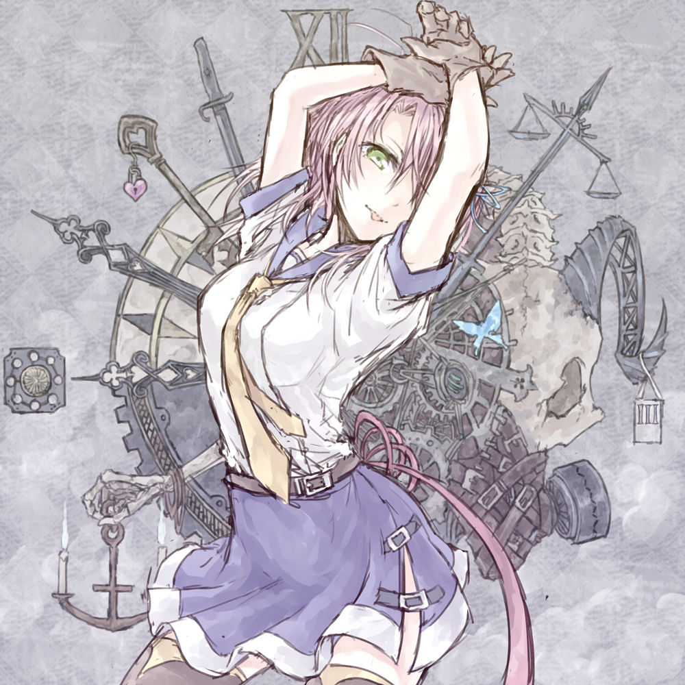 1girl, anchor, arms_up, balance_scale, blue_skirt, bone, brown_gloves, brown_legwear