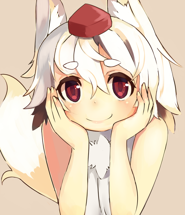 1_mutsuki, 1girl, animal_ears, eyebrows, hands_on_own_cheeks, hands_on_own_face, hat, inubashiri_momiji, looking_at_viewer, red_eyes, short_hair, smile, solo, tail, tokin_hat, touhou, white_hair, wolf_ears, wolf_tail