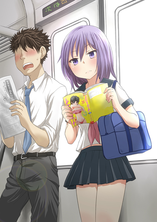 1boy, 1girl, amaguri_senko, bag, blush, book, henjo_~hen_na_joshi_kousei_amaguri_senko~, original