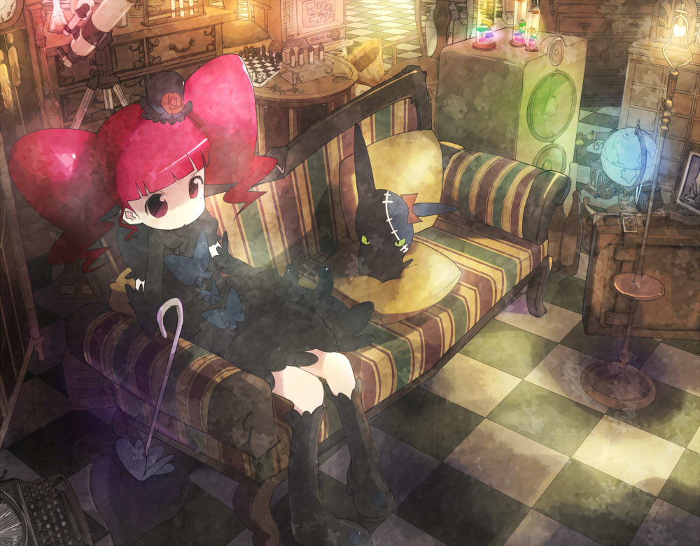boots, checkered, checkered_floor, chess, couch, globe, harepore, hat