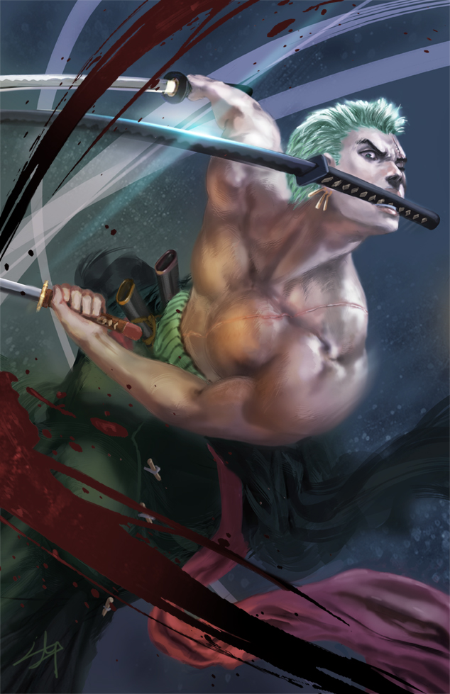 1boy, blood, earrings, green_eyes, green_hair, jewelry, katana, male_focus