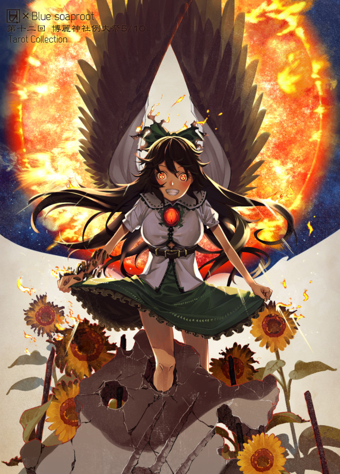 1girl, belt, bird_wings, black_hair, breasts, burning, cape, flame