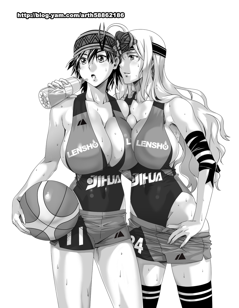2girls, arm_around_neck, arm_ribbon, ball, bandana, basketball, basketball_uniform, bottle