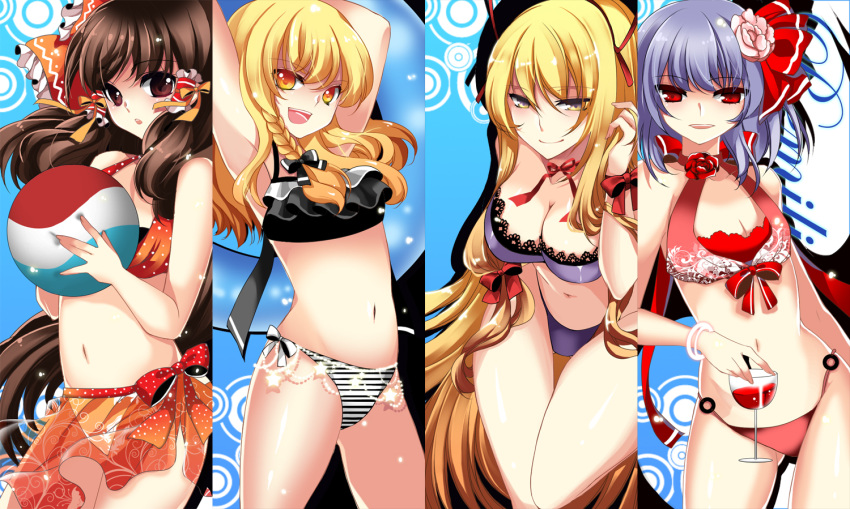 ball, beachball, bikini, blonde_hair, braid, breasts, brown_hair, cleavage