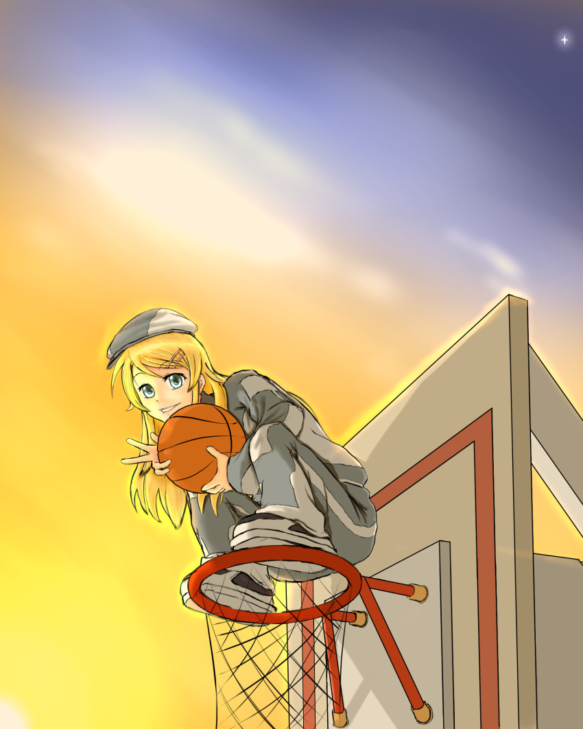 1girl, ball, basketball, basketball_hoop, blonde_hair, blue_eyes, cabbie_hat, elakan