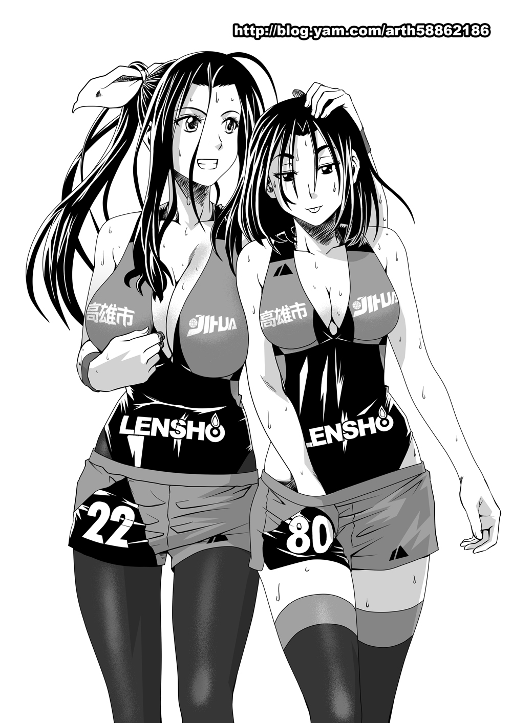 2girls, basketball, basketball_uniform, breasts, character_request, cleavage, ge_xi, greyscale