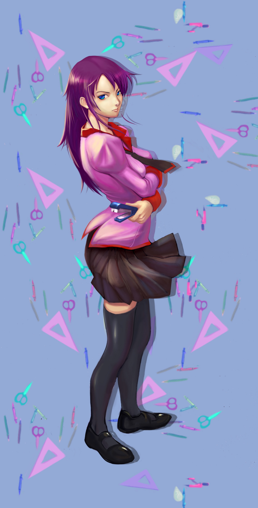 bakemonogatari, blue_eyes, highres, monogatari_(series), purple_hair, refrain, senjougahara_hitagi, solo, stapler, thigh-highs, thighhighs, zettai_ryouiki