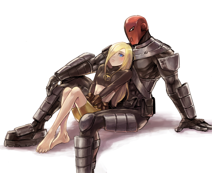1boy, 1girl, age_difference, armor, bangs, barefoot, belt_pouch, bike_shorts, blonde_hair, blue_eyes, blush, bodysuit, brown_gloves, crop_top, dc_comics, full_body, gloves, hair_over_one_eye, looking_at_viewer, midriff, mozu_suka, one-eyed, parted_bangs, sitting, sitting_on_lap, sitting_on_person, slade_(teen_titans), small_breasts, teen_titans, terra_(dc), toes, v_arms