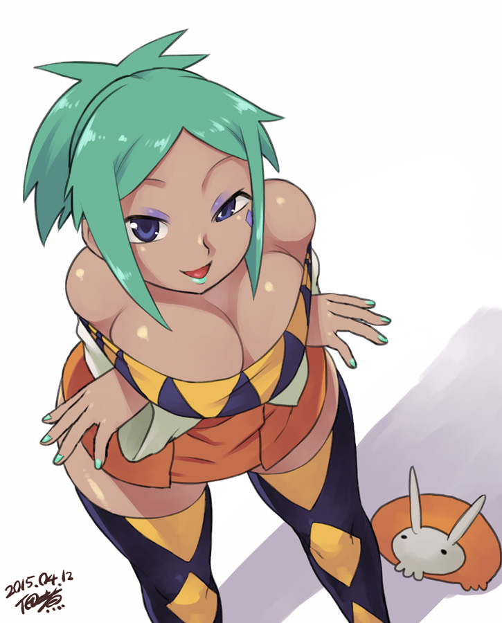 1girl, 2015, aqua_lipstick, aqua_nails, argyle, argyle_legwear, bare_shoulders, breast_hold, breasts, cerebella_(skullgirls), cleavage, dark_skin, dated, eyeshadow, green_hair, lipstick, makeup, nail_polish, short_hair, signature, skull, skullgirls, solo, thigh-highs, tsukudani_(coke-buta), vice-versa_(skullgirls), violet_eyes, zettai_ryouiki