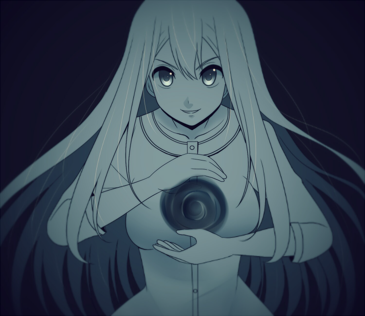 1girl, aibi12634761, blue_background, breasts, fujisaki_mako, gokukoku_no_brynhildr, long_hair, looking_at_viewer, magic, smile, solo, upper_body, very_long_hair, white_hair
