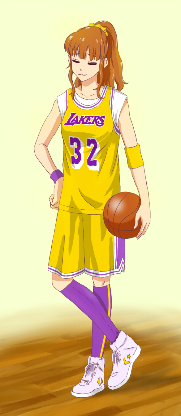 1girl, :3, anbj, armband, ball, basketball_uniform, brown_hair, closed_eyes, full_body, highres, idolmaster, idolmaster_cinderella_girls, kneehighs, long_hair, los_angeles_lakers, moroboshi_kirari, ponytail, purple_legwear, scrunchie, shorts, sleeveless, solo, sportswear, standing