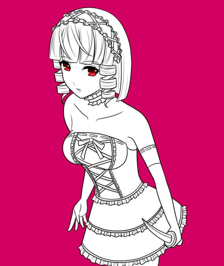 1girl, aibi12634761, bare_shoulders, cowboy_shot, drill_hair, gokukoku_no_brynhildr, knife, lineart, maid_headdress, monochrome, red, red_background, red_eyes, simple_background, solo, spot_color, tachibana_kana, twin_drills