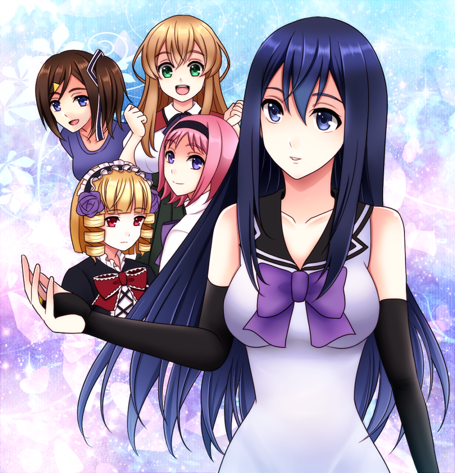 5girls, aibi12634761, blonde_hair, blue_eyes, blue_hair, bow, breasts, bridal_gauntlets