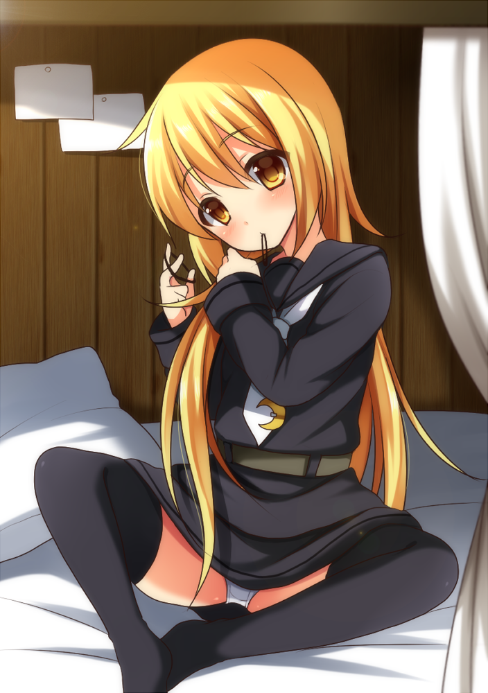 1girl, black_legwear, black_serafuku, black_skirt, blonde_hair, blush, butterfly_sitting, hair_down