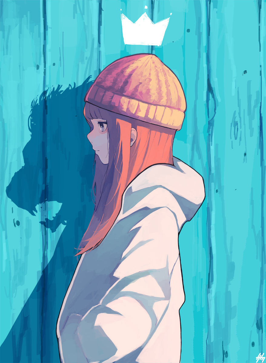 1girl, bangs, beanie, blunt_bangs, brown_hair, crown, different_shadow, from_side