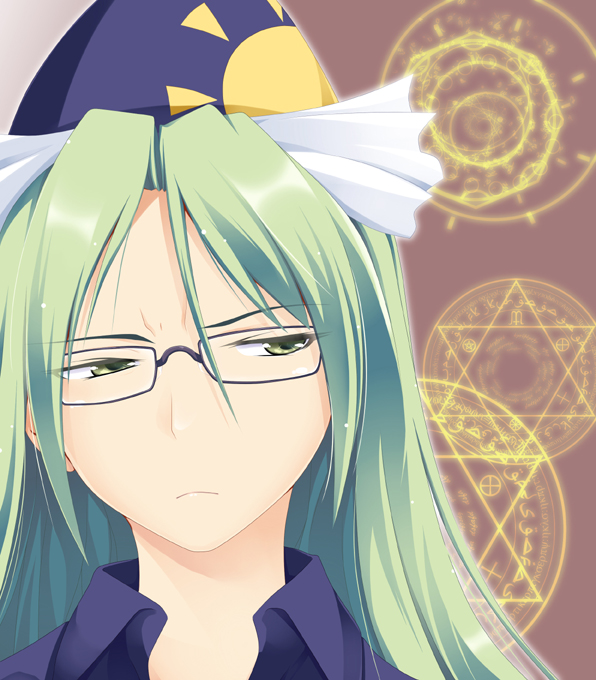 glasses, green_eyes, green_hair, hat, ichiju, long_hair, mima, ogami_kazuki, touhou, wizard_hat