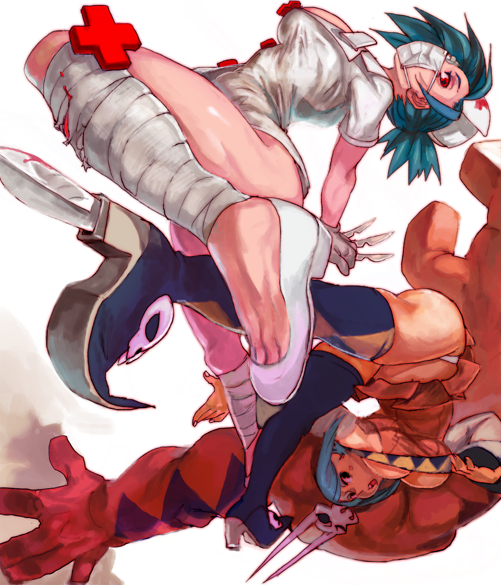 +_+, 1girl, aqua_hair, arched_back, bare_shoulders, battle, between_fingers, blood, blue_hair, boots, breasts, cerebella_(skullgirls), choker, cleavage, cuts, dark_skin, detached_sleeves, dodging, dress, eyepatch, flats, foreshortening, gloves, hair_over_one_eye, hat, heel_blade, injury, kicking, large_breasts, leg_wrap, living_clothes, matsuba_(idiotlantern), nurse, nurse_cap, off-shoulder_dress, pointy_shoes, ponytail, red_cross, red_eyes, scalpel, shoes, short_dress, short_hair, skullgirls, surgical_mask, thigh-highs, thigh_boots, under_boob, upside-down, valentine_(skullgirls), vice-versa_(skullgirls), weapon, white_gloves