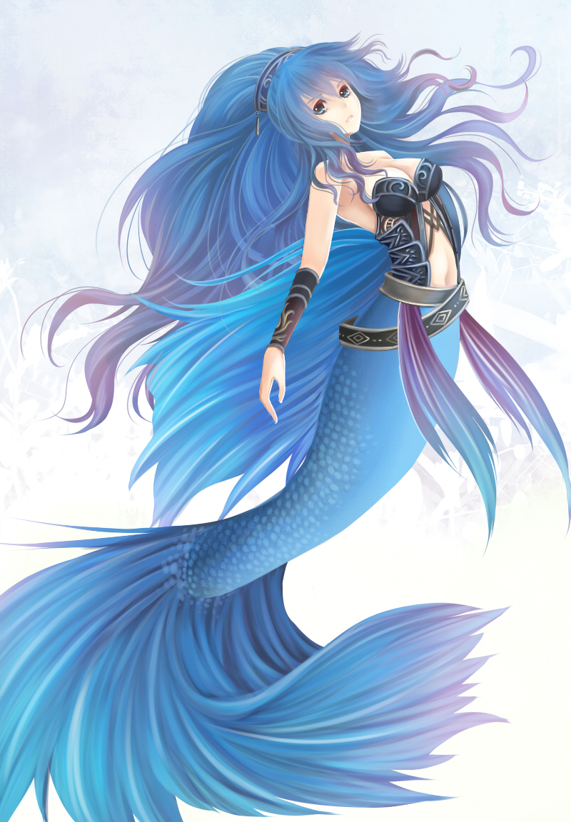 1girl, blue_eyes, blue_hair, breasts, cleavage, fantasy, gradient_hair, long_hair