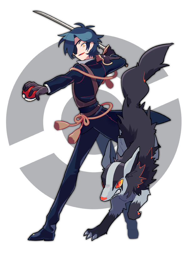 1boy, black_hair, eyepatch, katana, mightyena, open_mouth, poke_ball, pokemon