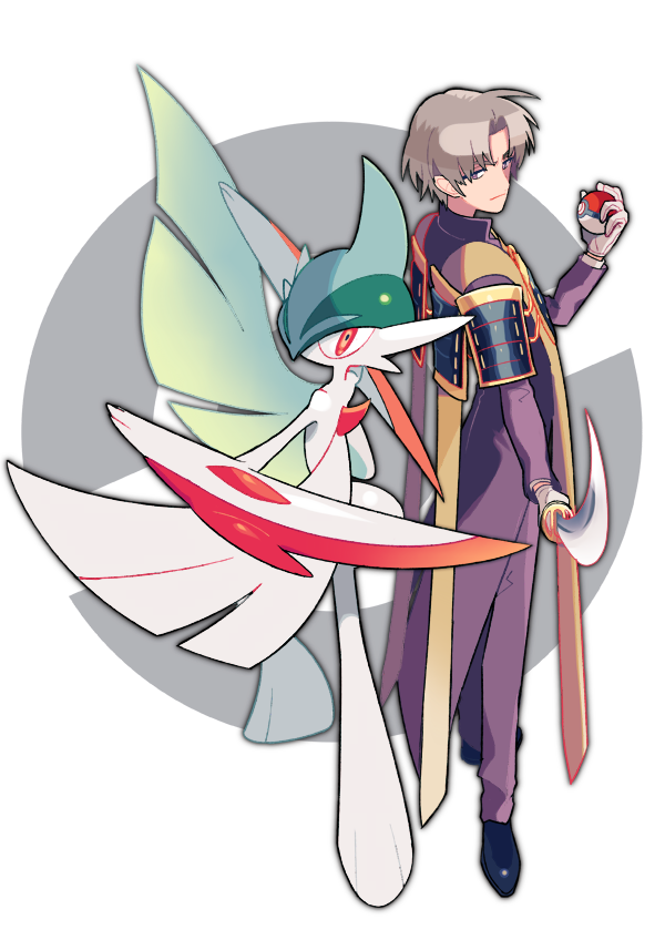 1boy, back-to-back, brown_eyes, brown_hair, gallade, heshikiri_hasebe, katana, mega_gallade