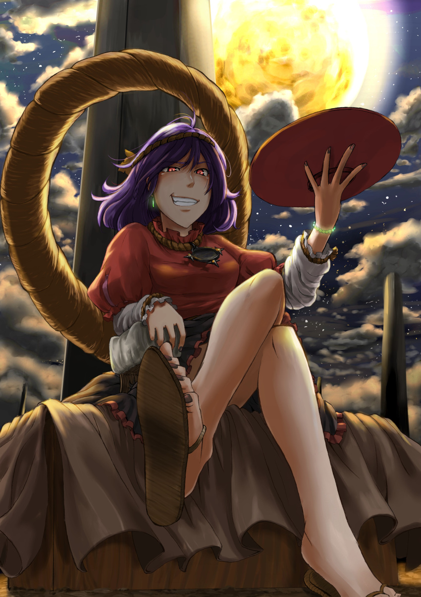 bad_id, cloud, crossed_legs, earrings, feet, from_below, glowing, glowing_eyes