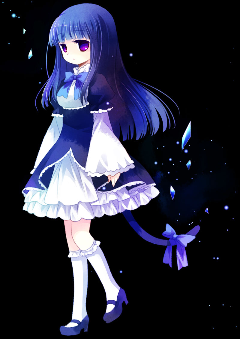 1girl, blue_hair, bow, cat_tail, dress, frederica_bernkastel, kakera, kneehighs, mary_janes, sakurazawa_izumi, shoes, tail, umineko_no_naku_koro_ni, violet_eyes, white_legwear
