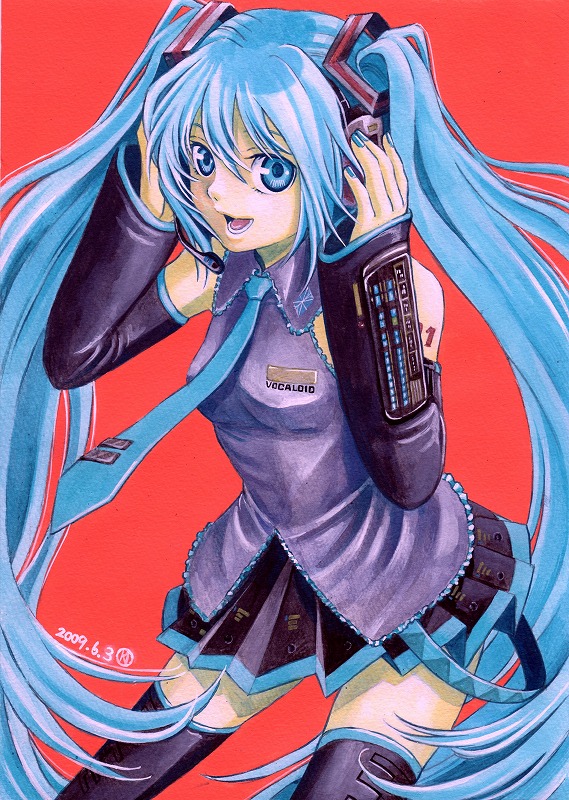 1girl, 2009, aqua_hair, copyright_name, dated, ganyapin, hatsune_miku, twintails