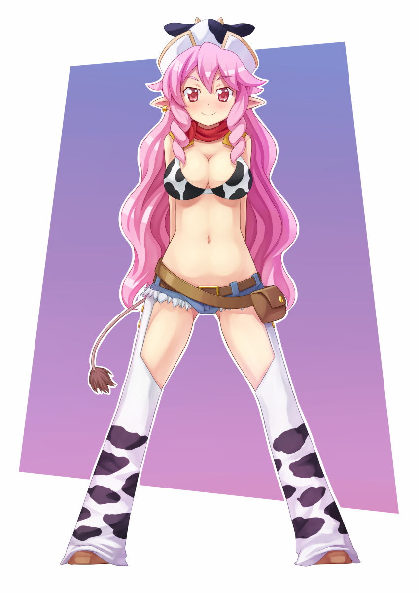 absurdres, animal_ears, chaps, cow_print, earrings, etotama, highres, jewelry