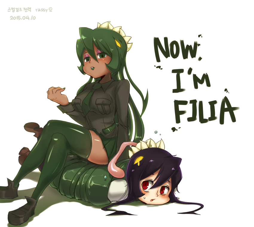 2girls, artist_name, breasts, dark_skin, dated, english, eyeshadow, filia_(skullgirls)
