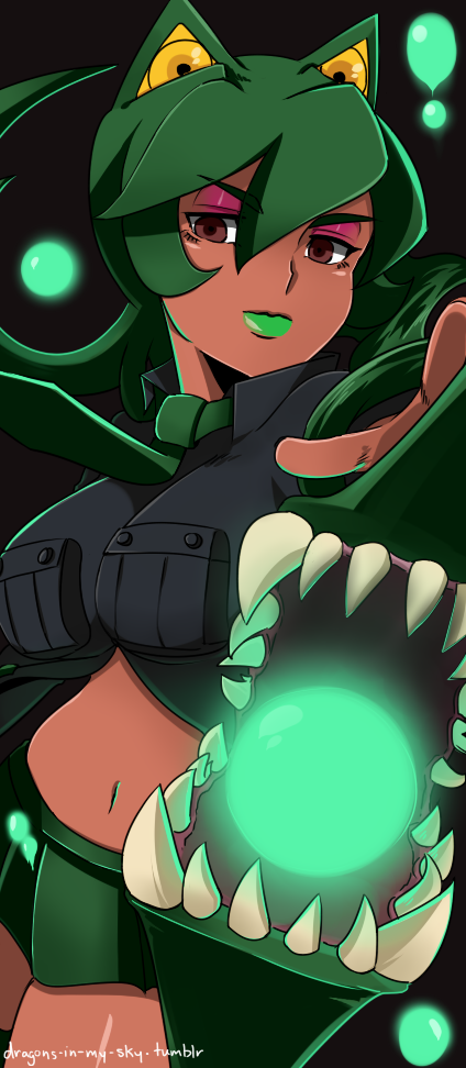 1girl, breasts, brown_eyes, d-ryuu, dark_skin, energy_beam, eyeshadow, fukua_(skullgirls)