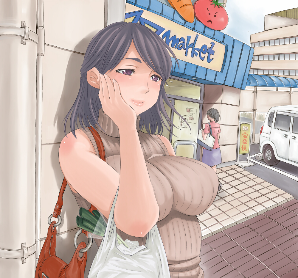 2girls, bag, blush, breasts, brown_eyes, brown_hair, female, grocery_bag