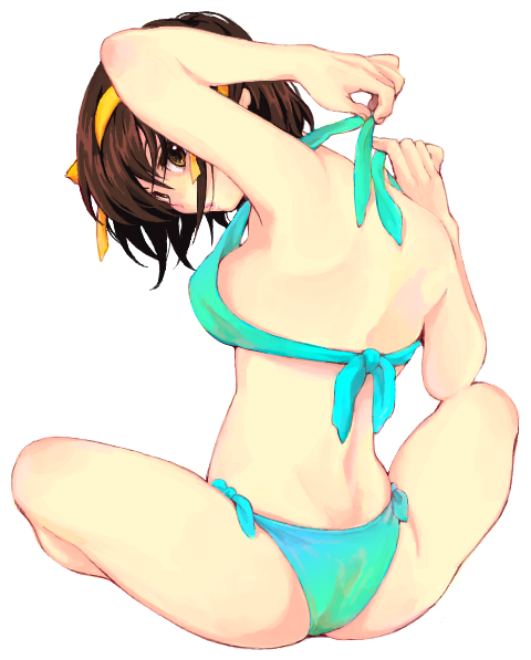 bikini, brown_eyes, brown_hair, cika, crossed_legs, hairband, looking_back, short_hair