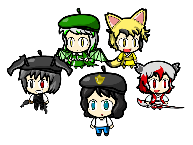 5boys, beret, brolli_diamondback, camouflage, chibi, daemoniken, diamond_in_the_rough, ferin_diamondback, fox_ears, gun, hat, hydrus_diamondback, japanese_clothes, lepus_diamondback, rabbit_ears, revolver, sword, tagme, velupe_diamondback, weapon, wolf_ears