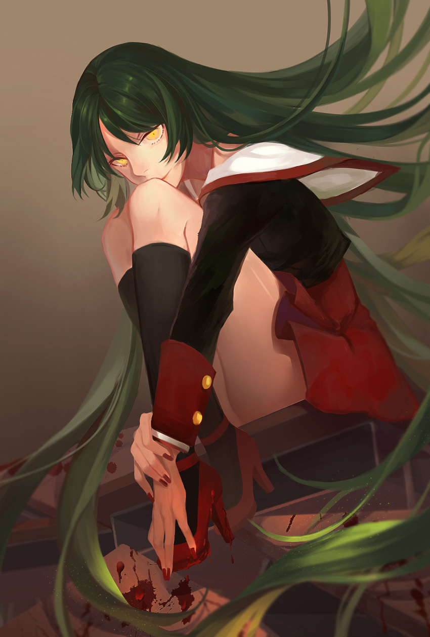 black_legwear, blood, blood_drip, blood_splatter, buttons, green_hair, head_rest, highres, kneehighs, knees_to_chest, light_smile, long_hair, looking_at_viewer, lyrah777, ningen_series, niounomiya_izumu, red_fingernails, red_skirt, school_uniform, serafuku, skirt, smile, thighs, yellow_eyes, zaregoto_series