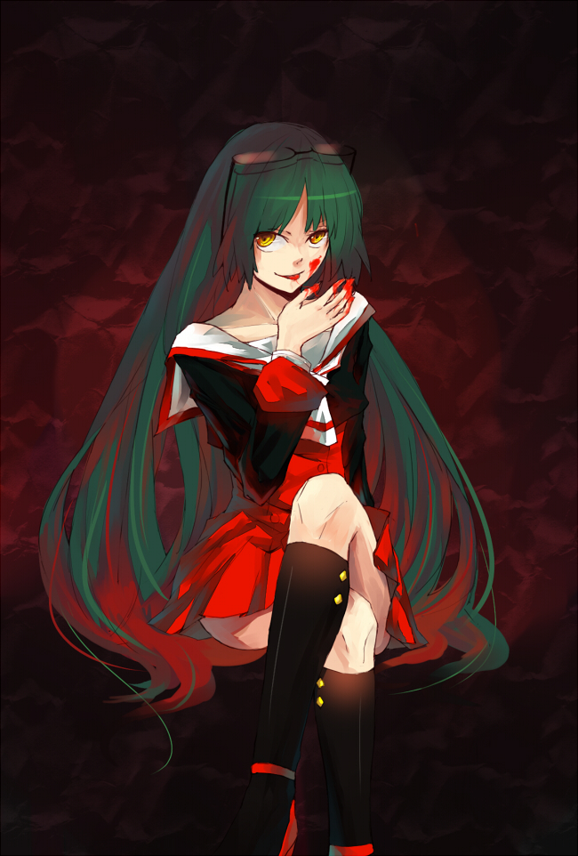 1girl, arm_support, black-framed_glasses, black_legwear, blood, blood_on_face, blood_on_fingers, collarbone