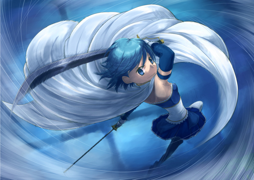 1girl, armband, blue_eyes, blue_hair, cape, gloves, highres, looking_back