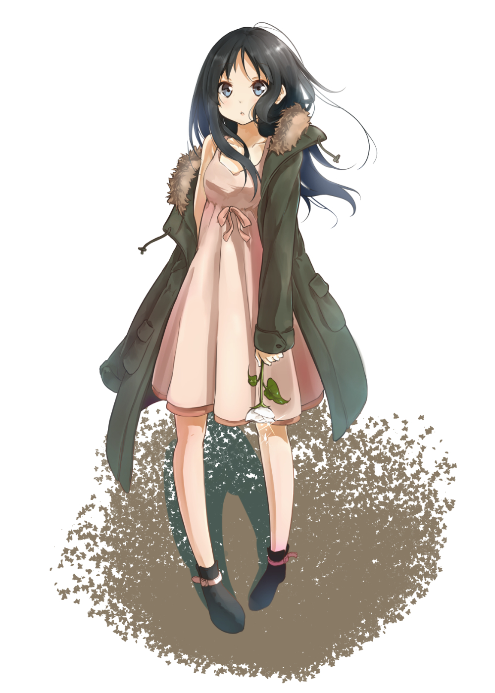 1girl, akiyama_mio, black_eyes, black_hair, coat, flower, highres, k-on!