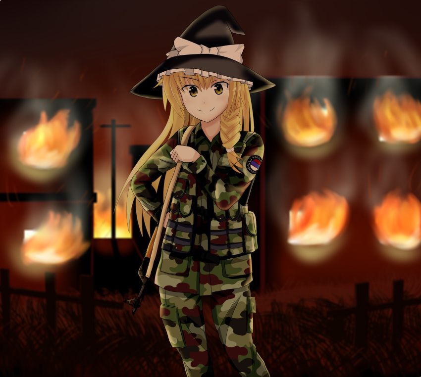 1girl, alternate_costume, assault_rifle, blonde_hair, braid, brown_eyes, burning, camouflage, cyka, fire, gun, hat, highres, kirisame_marisa, load_bearing_vest, long_hair, patch, republika_srpska, rifle, serbia, serbian_flag, touhou, vojska_republika_srpska, weapon, witch_hat, zastava_m70
