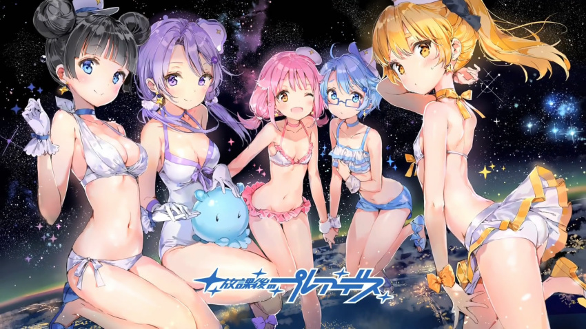 5girls, alternate_hairstyle, aoi_(houkago_no_pleiades), artist_request, bikini, bikini_skirt, black_hair, blonde_hair