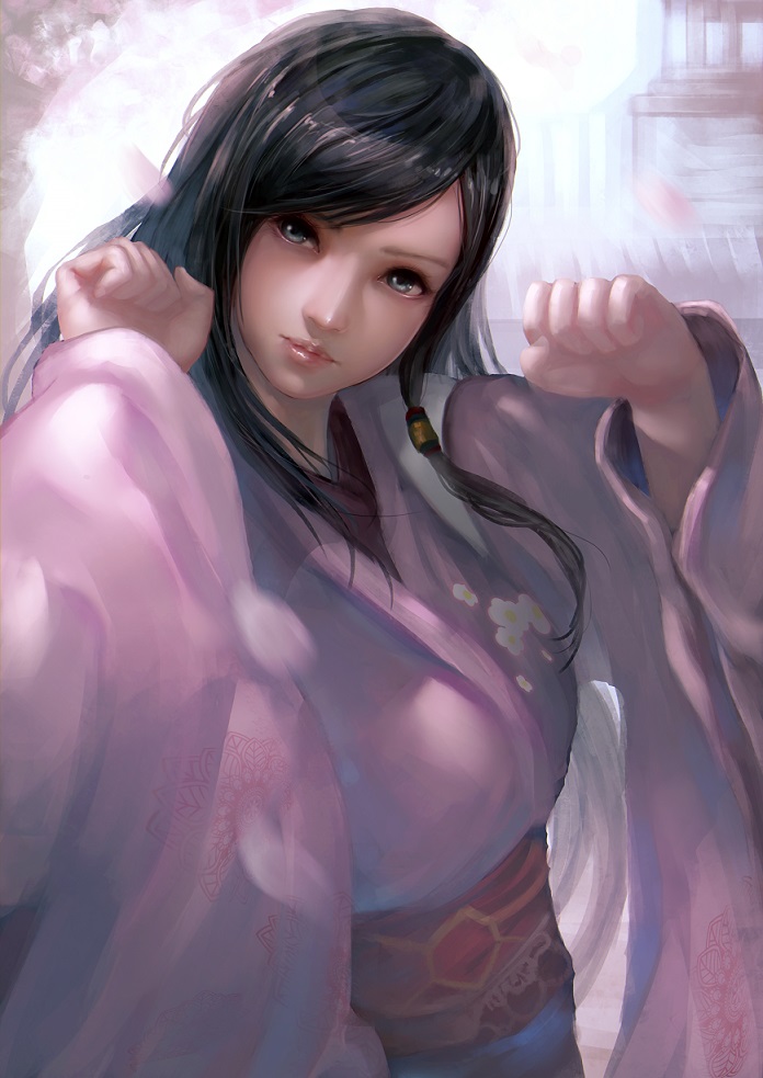 1girl, black_hair, breasts, cherry_blossoms, clenched_hand, clenched_hands, creep_(gundamdg), dead_or_alive