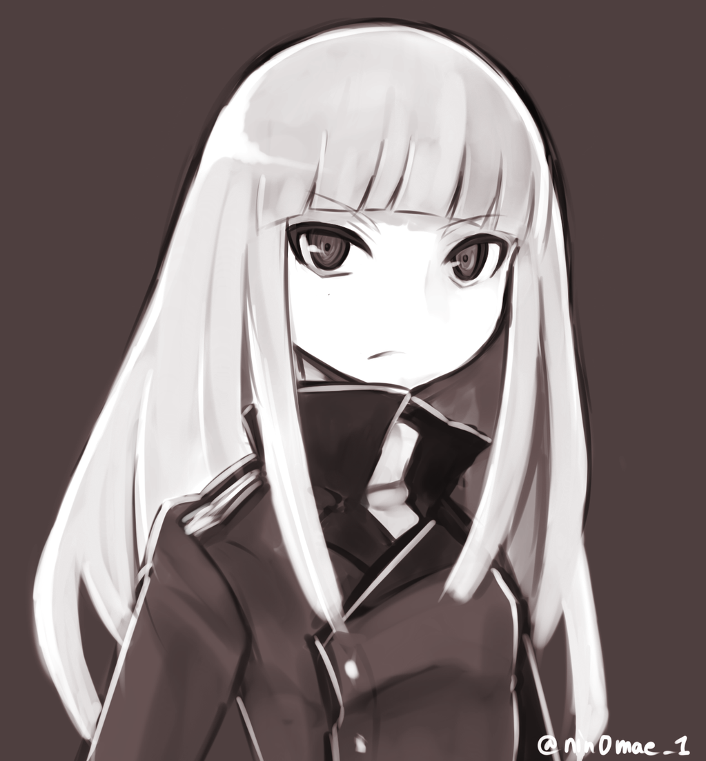 1girl, brown_background, frown, grete_m_gollob, long_hair, military, military_uniform, ninomae01