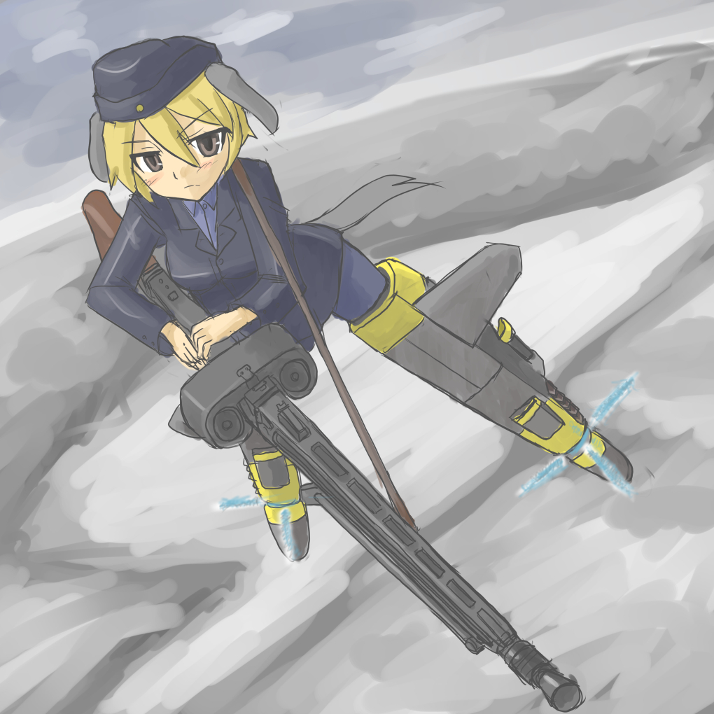 1girl, animal_ears, blonde_hair, blue_legwear, brown_eyes, clouds, dog_ears, dog_tail, flying, frown, garrison_cap, gun, hat, holding, holding_gun, holding_weapon, long_sleeves, machine_gun, mg42, military, military_uniform, msgtkurage, pantyhose, short_hair, sky, solo, strike_witches, striker_unit, tail, uniform, waltrud_krupinski, weapon