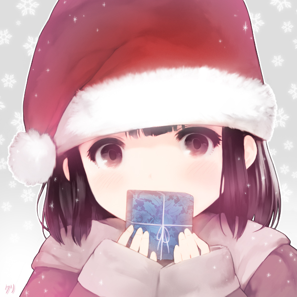 1girl, artist_name, black_eyes, black_hair, blush, christmas, covered_mouth, cristian_penas